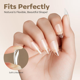 Modelones Medium Almond Nail Tips being applied in a manicure