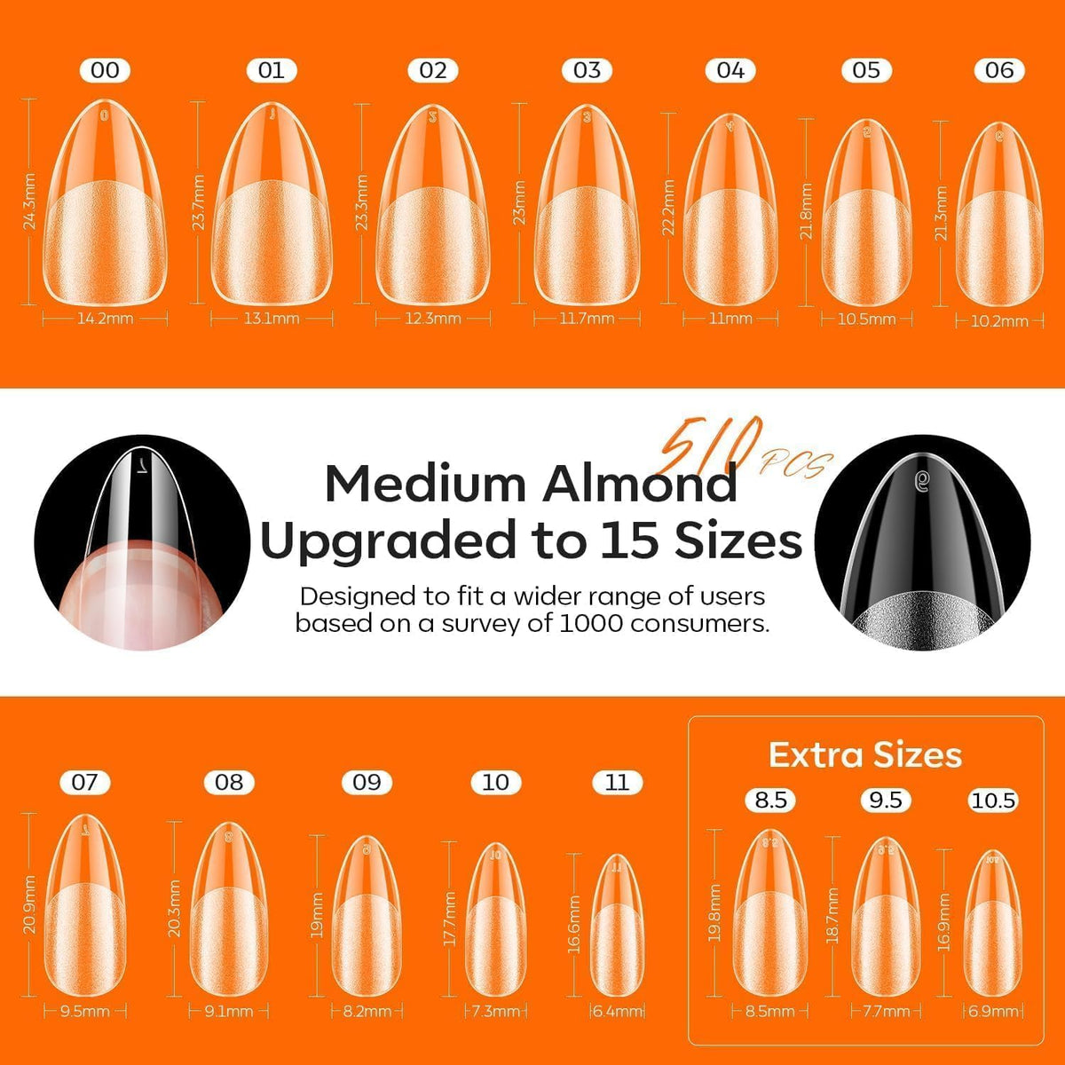 modelones Medium Almond Nail Tips in various sizes