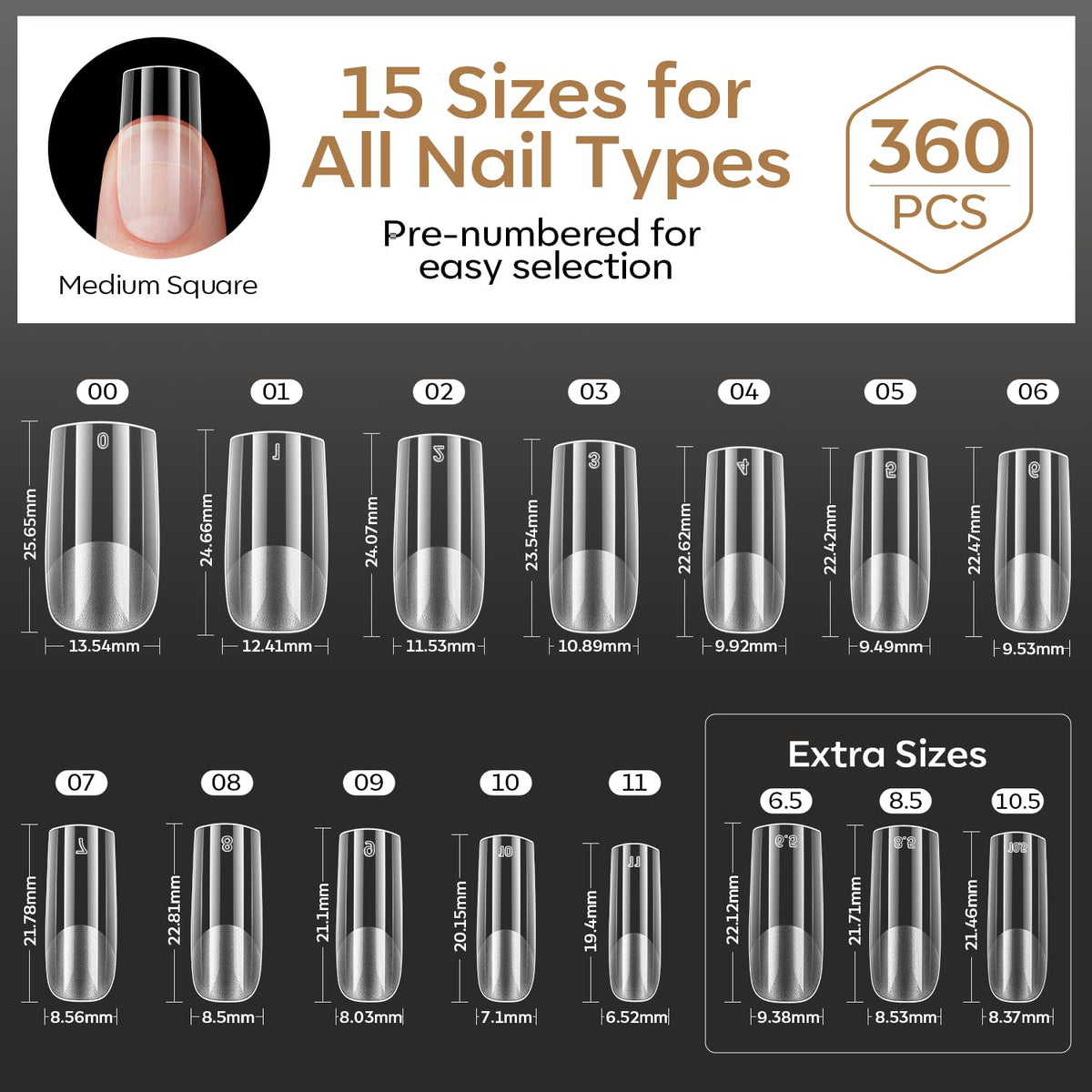 Modelones Medium Square Nail Tips displaying individual size numbers
