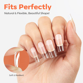 modelones Medium Square Nail Tips in use on manicured hands