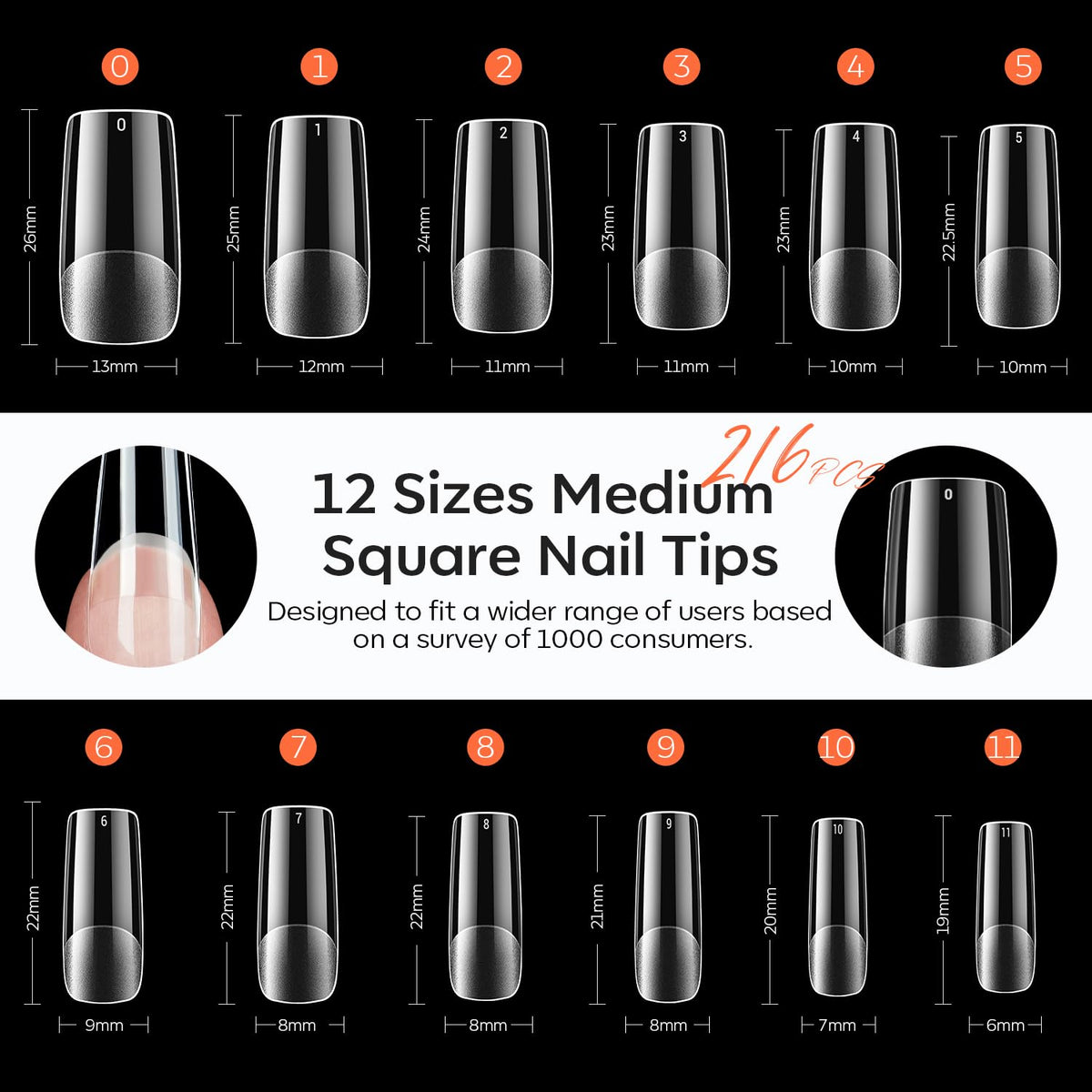 modelones Medium Square Nail Tips showing numbered sizes