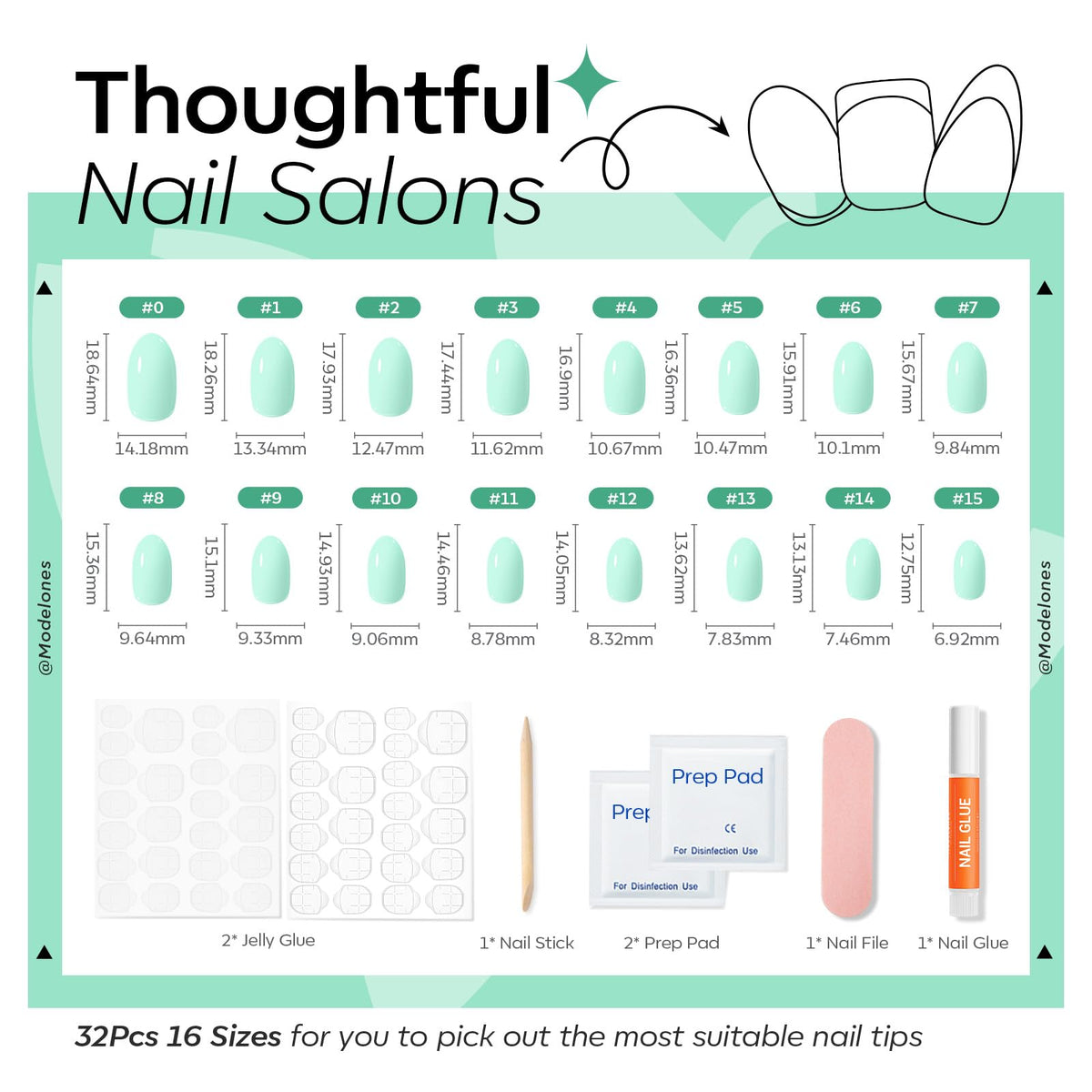modelones Mint Green Oval Press On Nails close-up of design