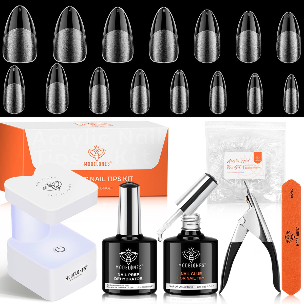 modelones Nail Gel Kit contents including nail tips and UV lamp