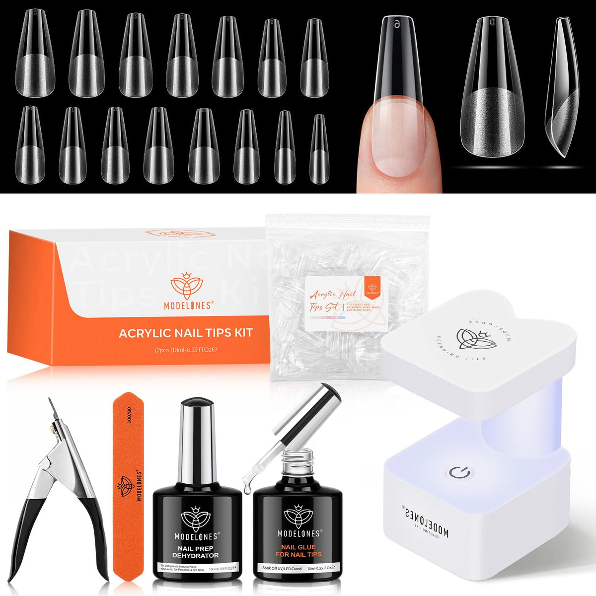 modelones Nail Gel Kit contents including UV lamp and nail tips