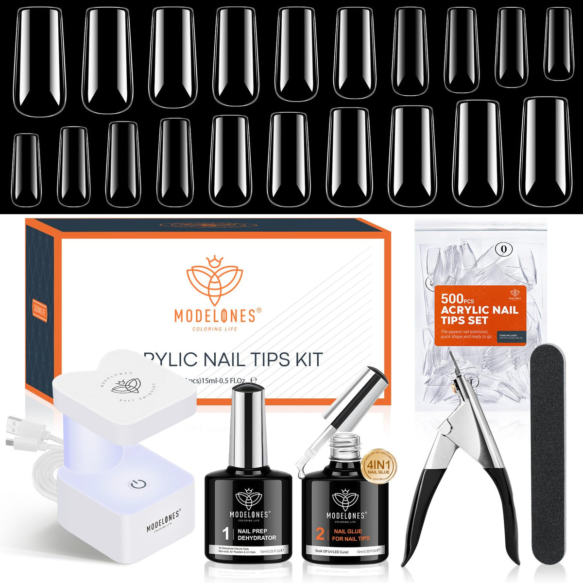 modelones Nail Gel Kit contents including UV LED lamp and nail tips