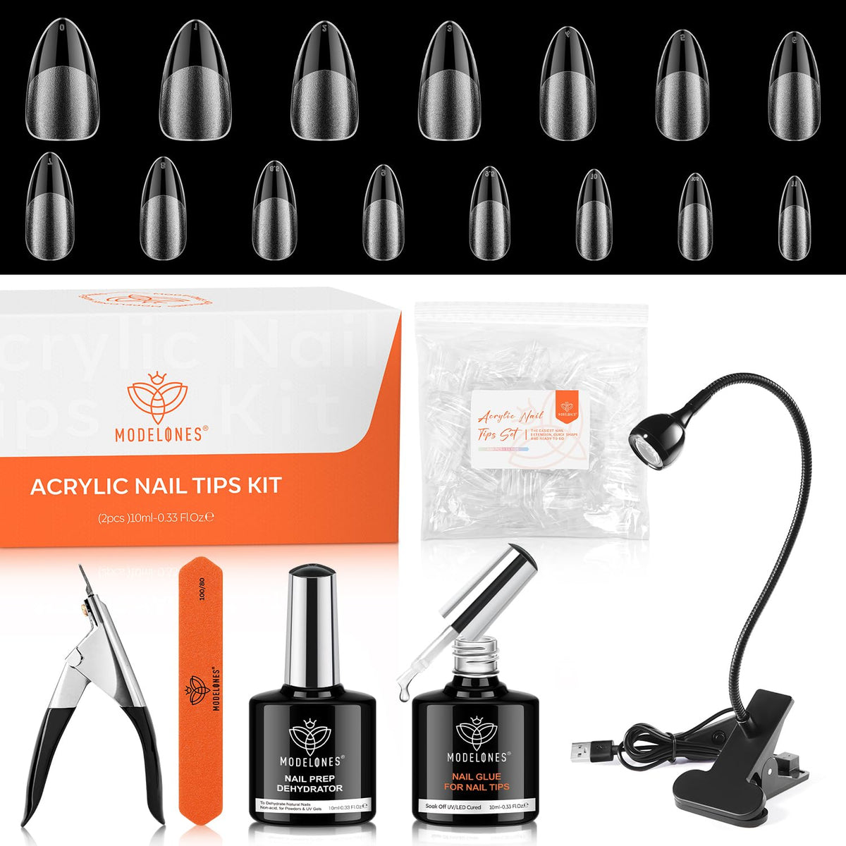 modelones Nail Gel Kit with gooseneck lamp and nail tips