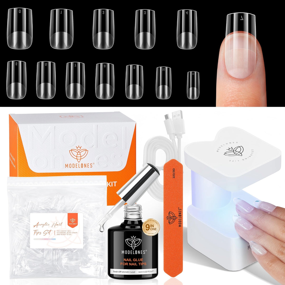 modelones Nail Gel Kit with UV lamp and nail tips