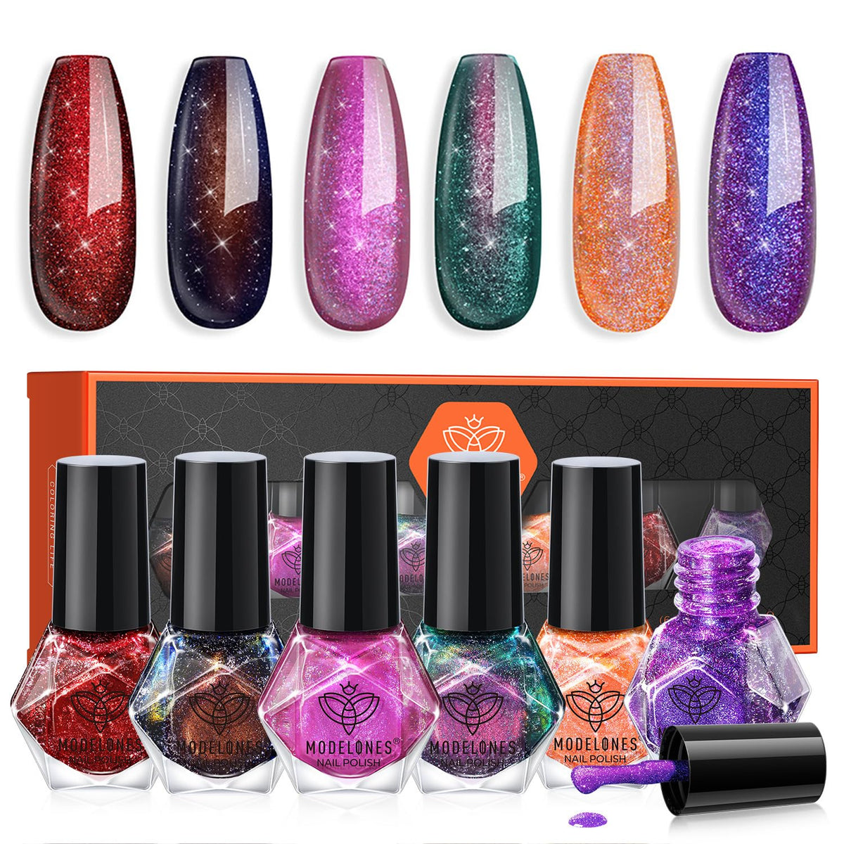 modelones Nail Polish Set with six vibrant colours including Fiery Red and Cosmic Bronze