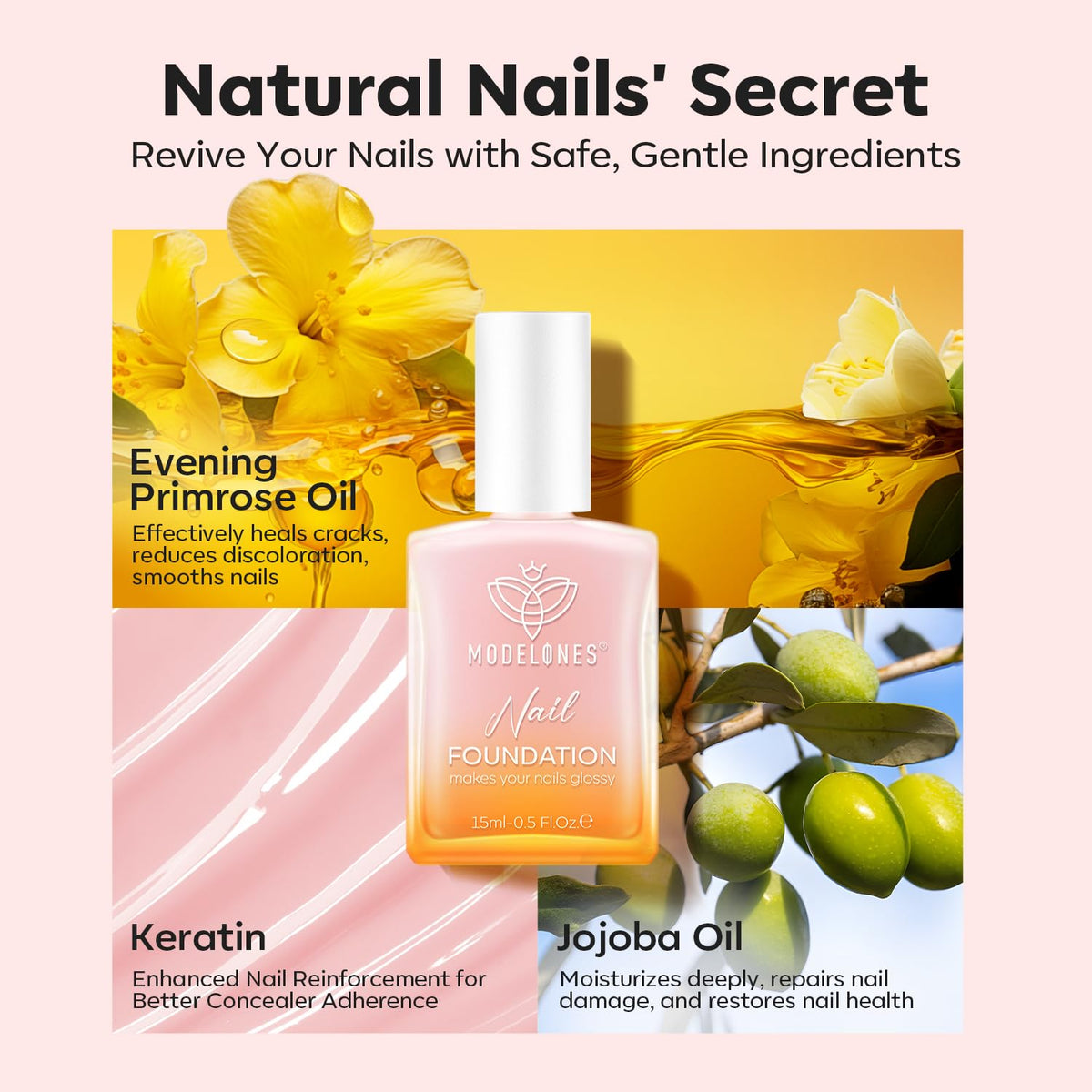 modelones Nail Strengthener and Growth Peachy Pink Nail Polish in a beauty setup