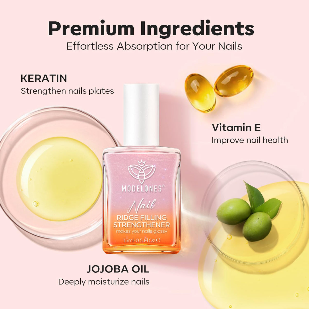 modelones Nail Strengthener Glitter Pink Nail Polish in use on natural nails