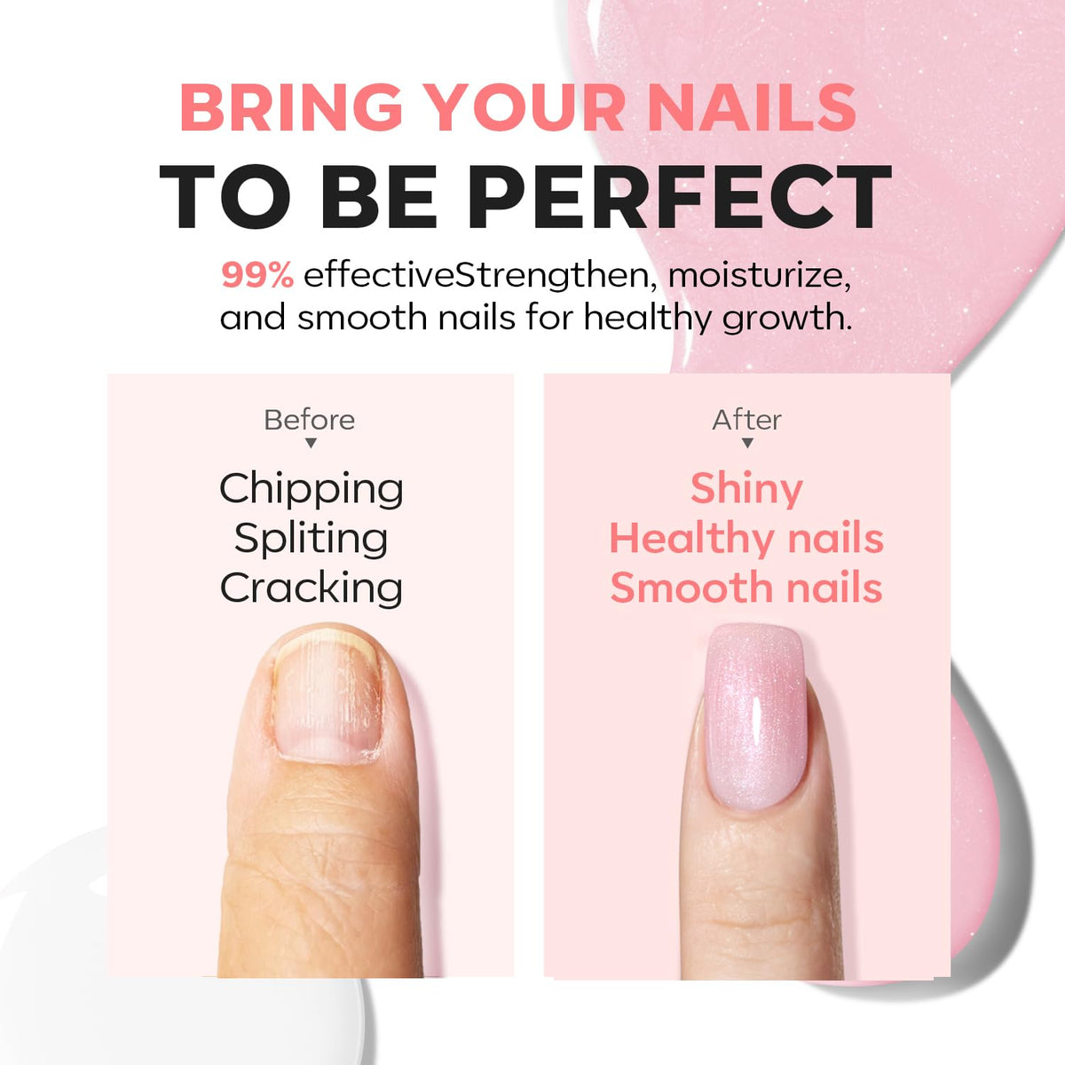 modelones Nail Strengthener Glitter Pink Nail Polish with nails painted