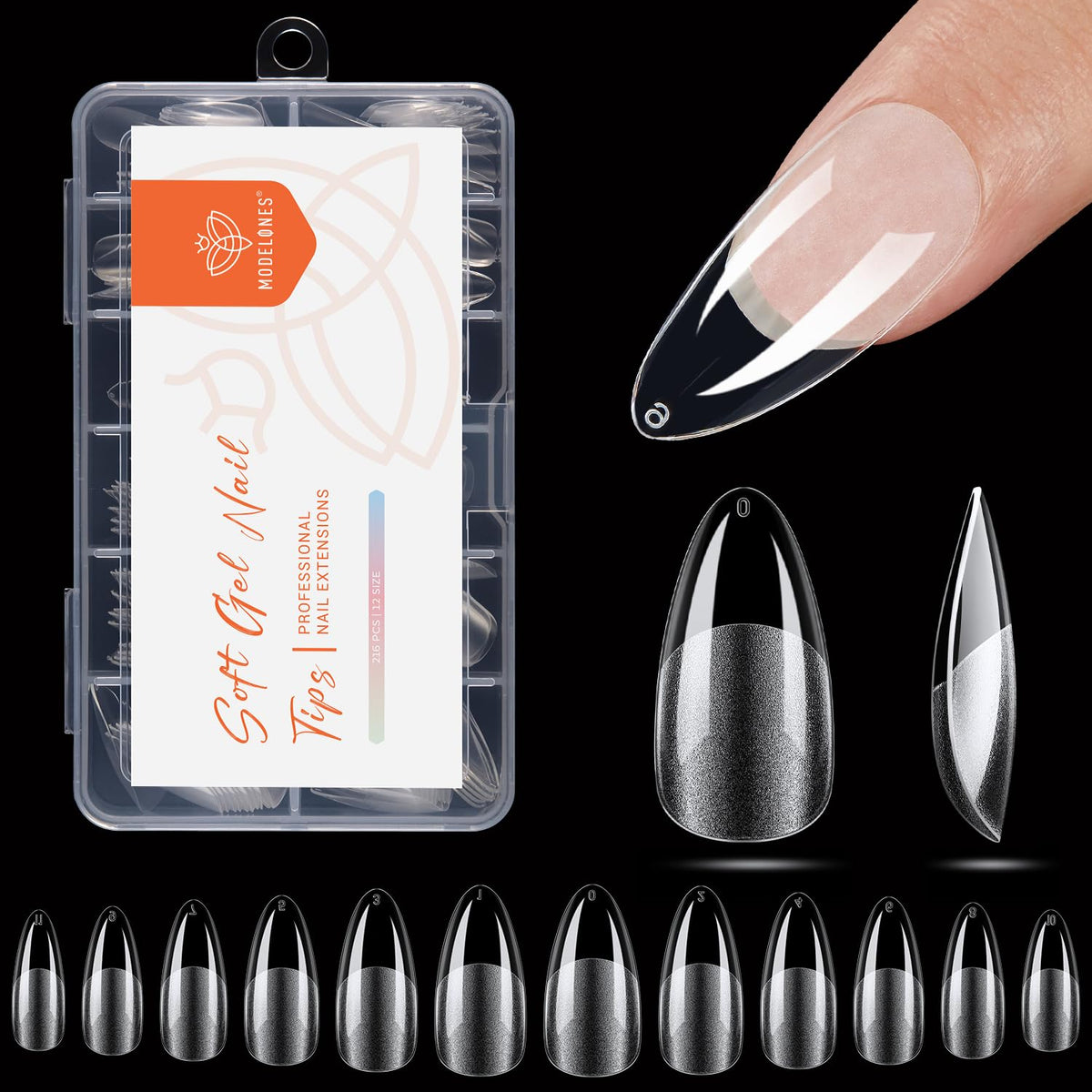Modelones Pointed Almond Nail Tips 216pcs front view