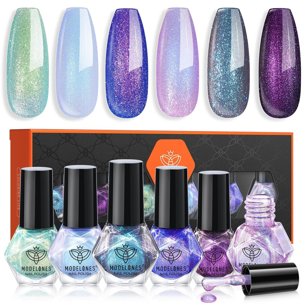 modelones Quick Dry Nail Polish Set with six holographic colours