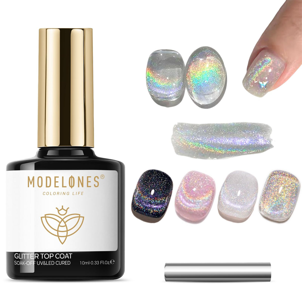 modelones Rainbow Cat Eye Gel Top Coat front view with holographic glitter