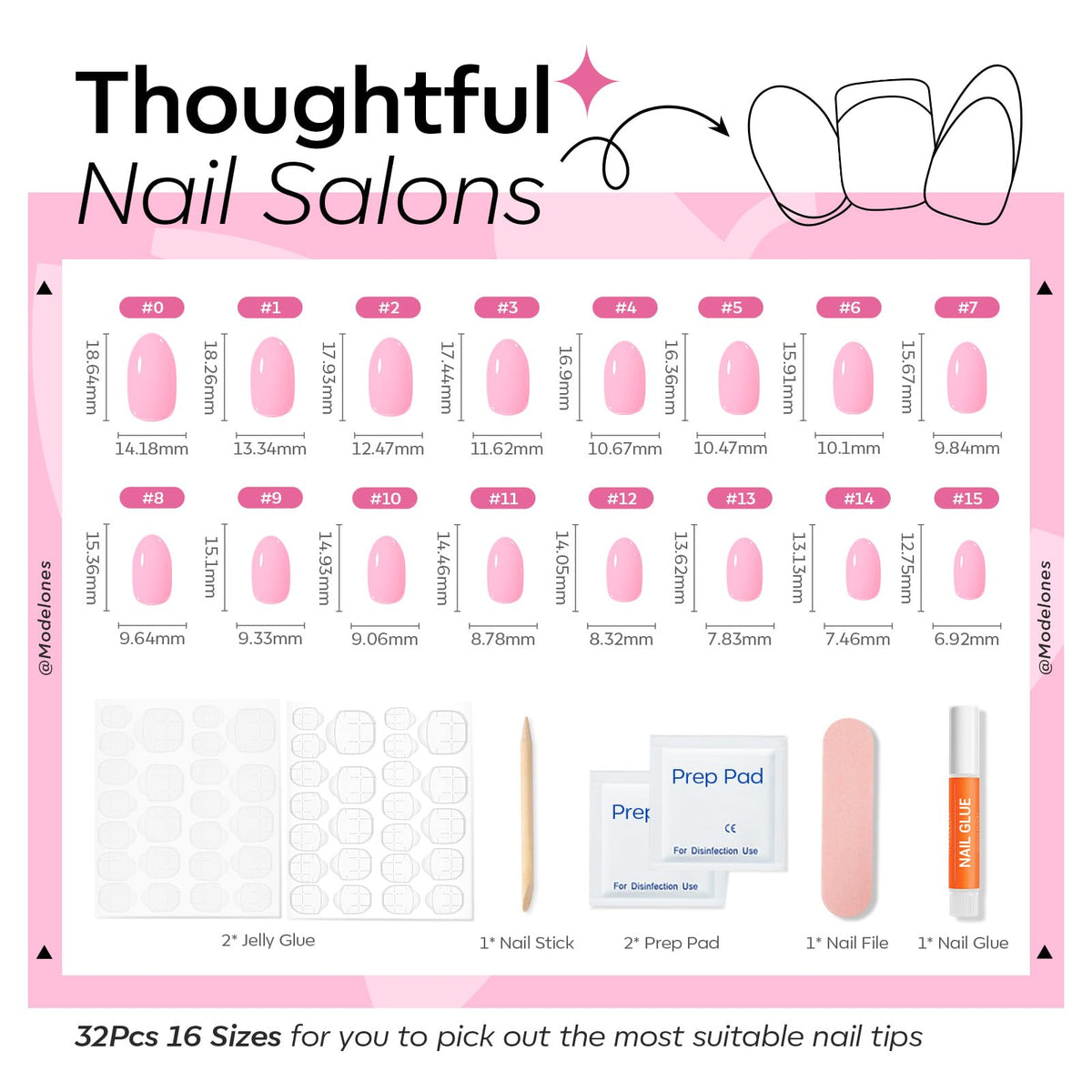 modelones Sakura Pink Short Press on Nails close-up of sizes