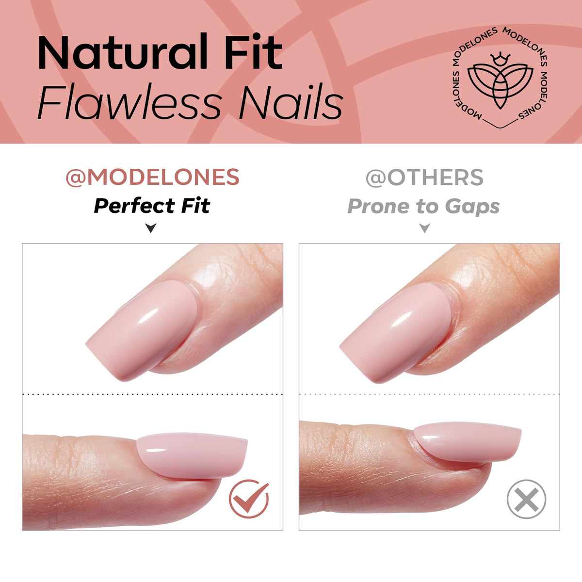 modelones Sheer Milk Tea Short Press on Nails displayed with mini nail file and cuticle stick