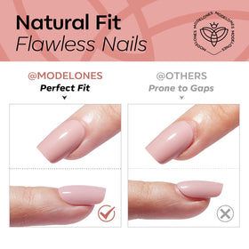 modelones Sheer Milk Tea Short Press on Nails displayed with mini nail file and cuticle stick