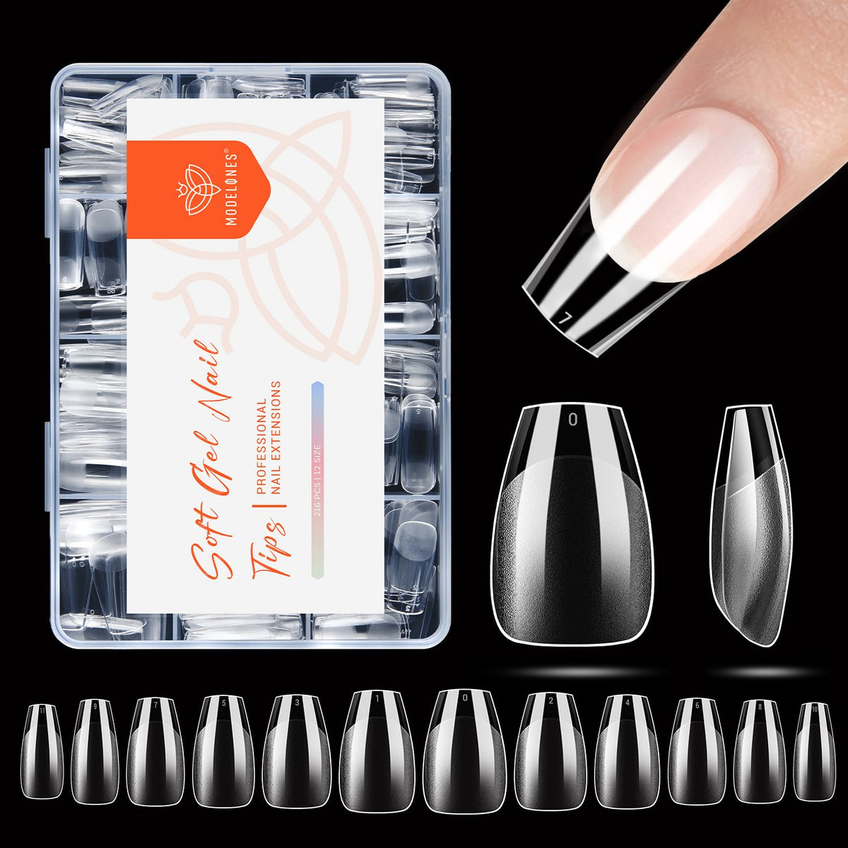 Modelones Short Coffin Nail Tips 216 pcs front view