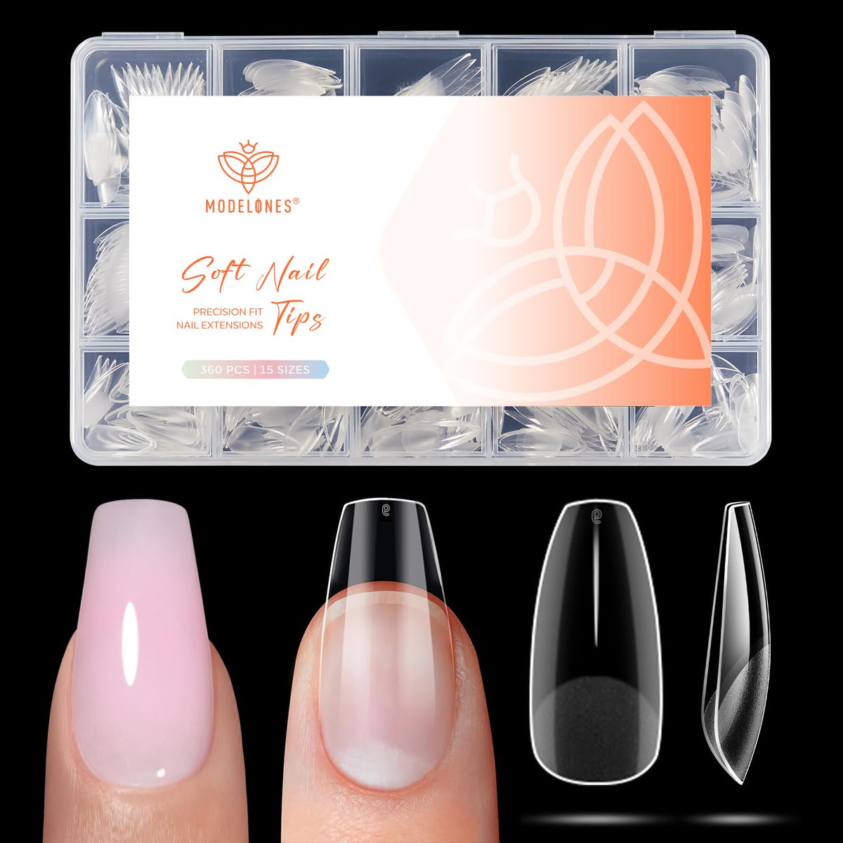 Modelones Short Coffin Nail Tips 360pcs half matte clear front view
