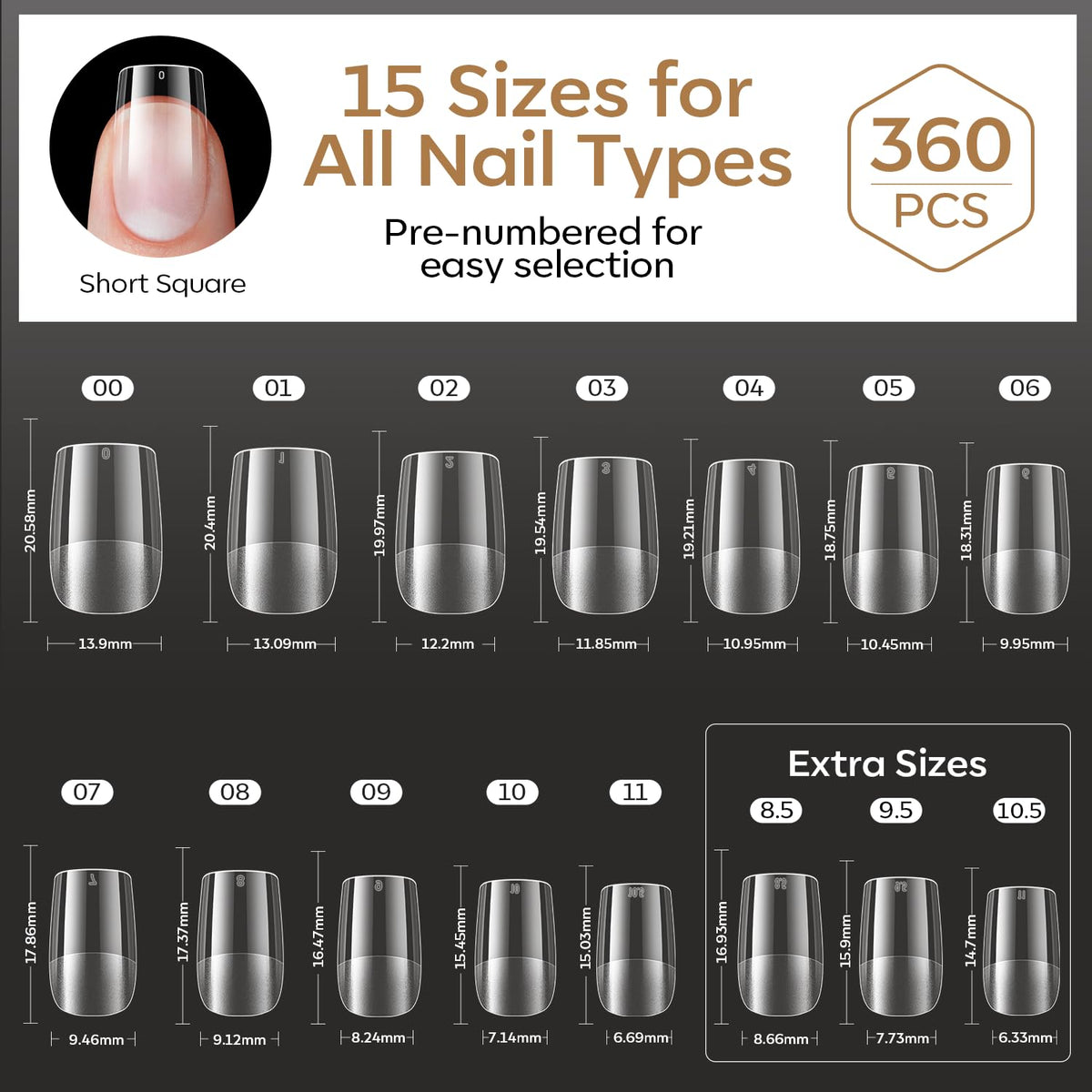 modelones Short Square Nail Tips displayed with nail polish