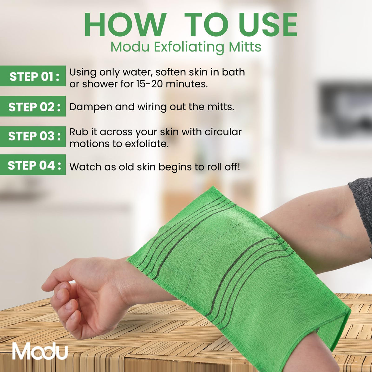 Modu Korean Exfoliating Mitts displayed with bath accessories