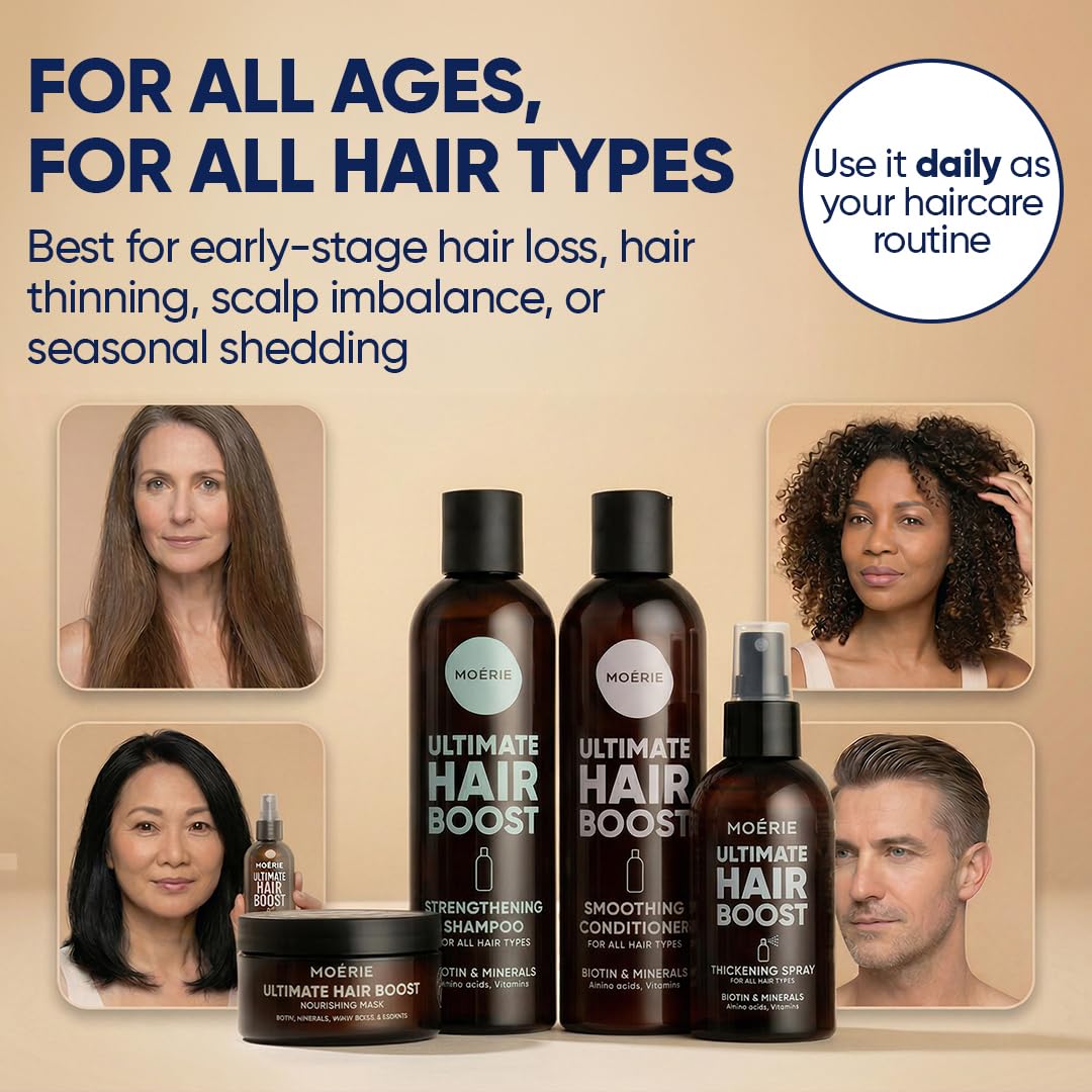Moerie Hair Growth Set displayed on a bathroom counter