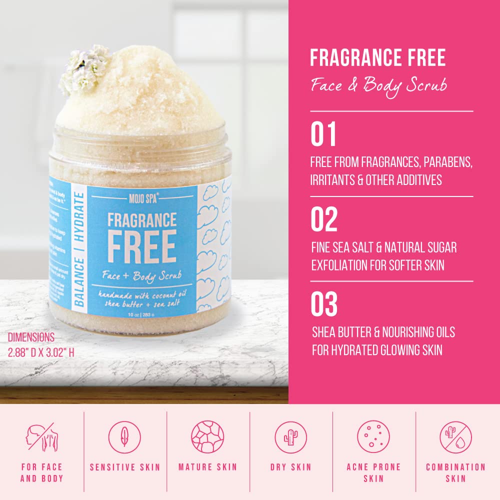 Mojo Spa Fragrance Free Face and Body Scrub with spa accessories