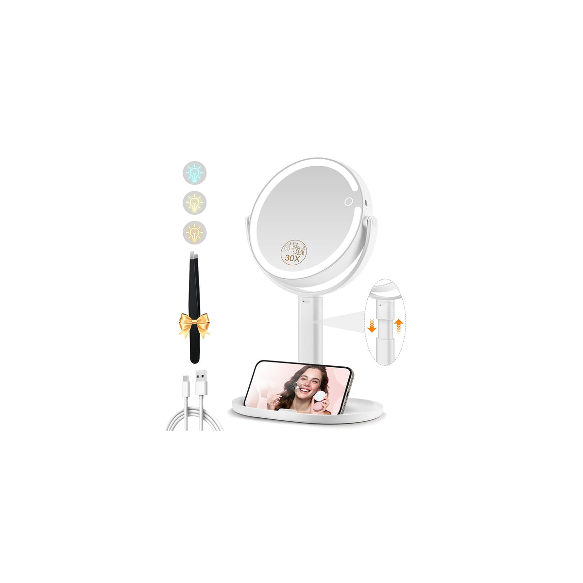 MOMOKUBA Makeup Mirror front view with lights and 30X magnification