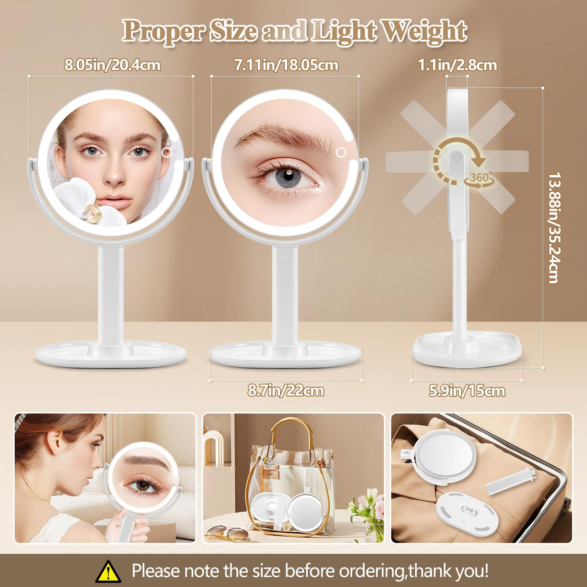 MOMOKUBA Makeup Mirror showing 360-degree rotation feature
