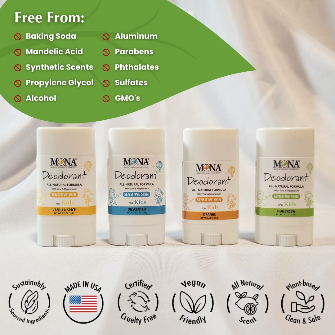 MONA Kids Deodorant travel size sticks on a backpack