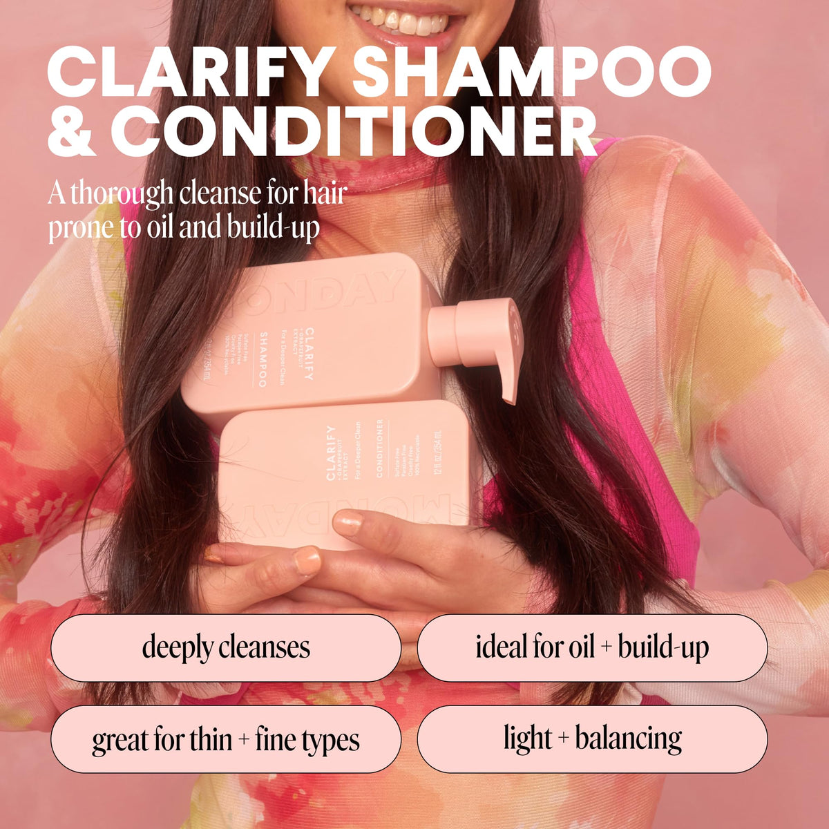 MONDAY Clarify Shampoo bottle with grapefruit extract label