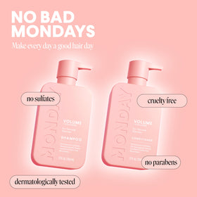MONDAY HAIRCARE Volume Shampoo and Conditioner in a bathroom setting