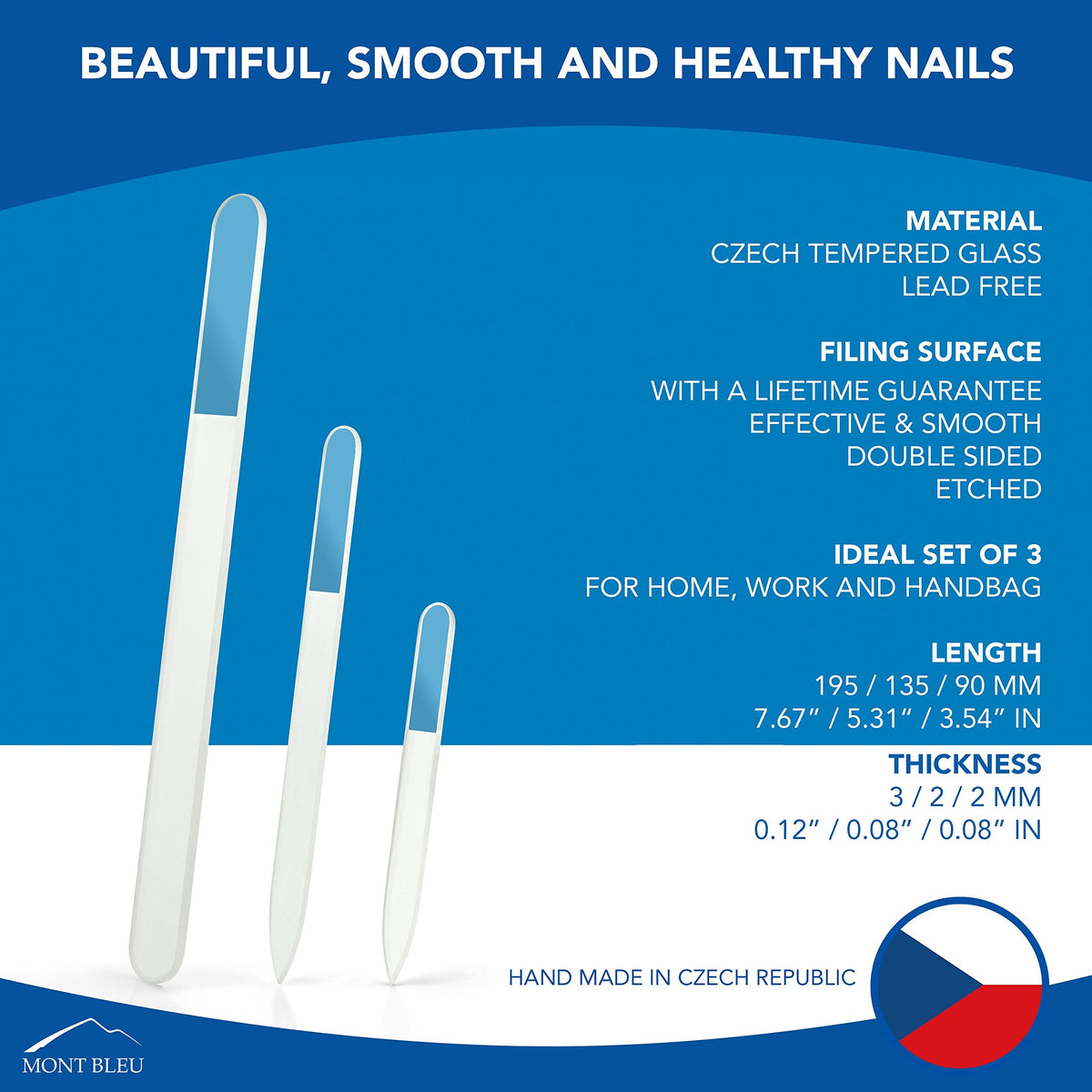 Mont Bleu glass nail file set displayed with packaging