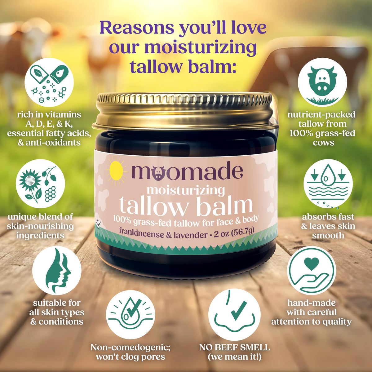 moomade Organic Beef Tallow Balm with essential oils and ingredients