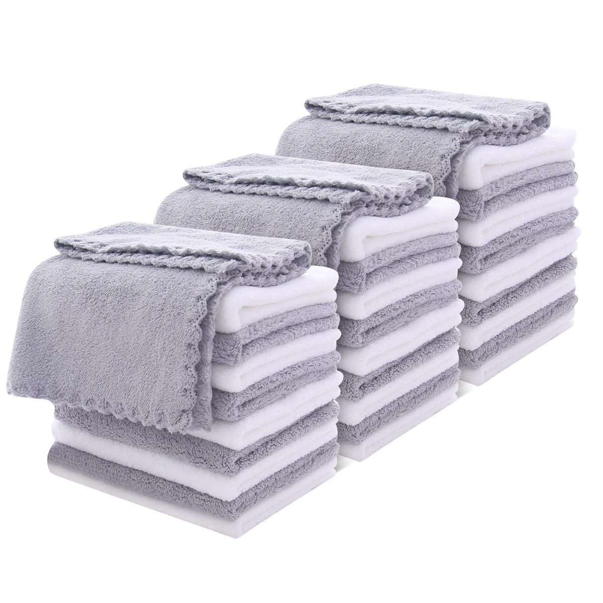 MOONQUEEN 30 Pack Microfiber Face Towels front view in grey and white
