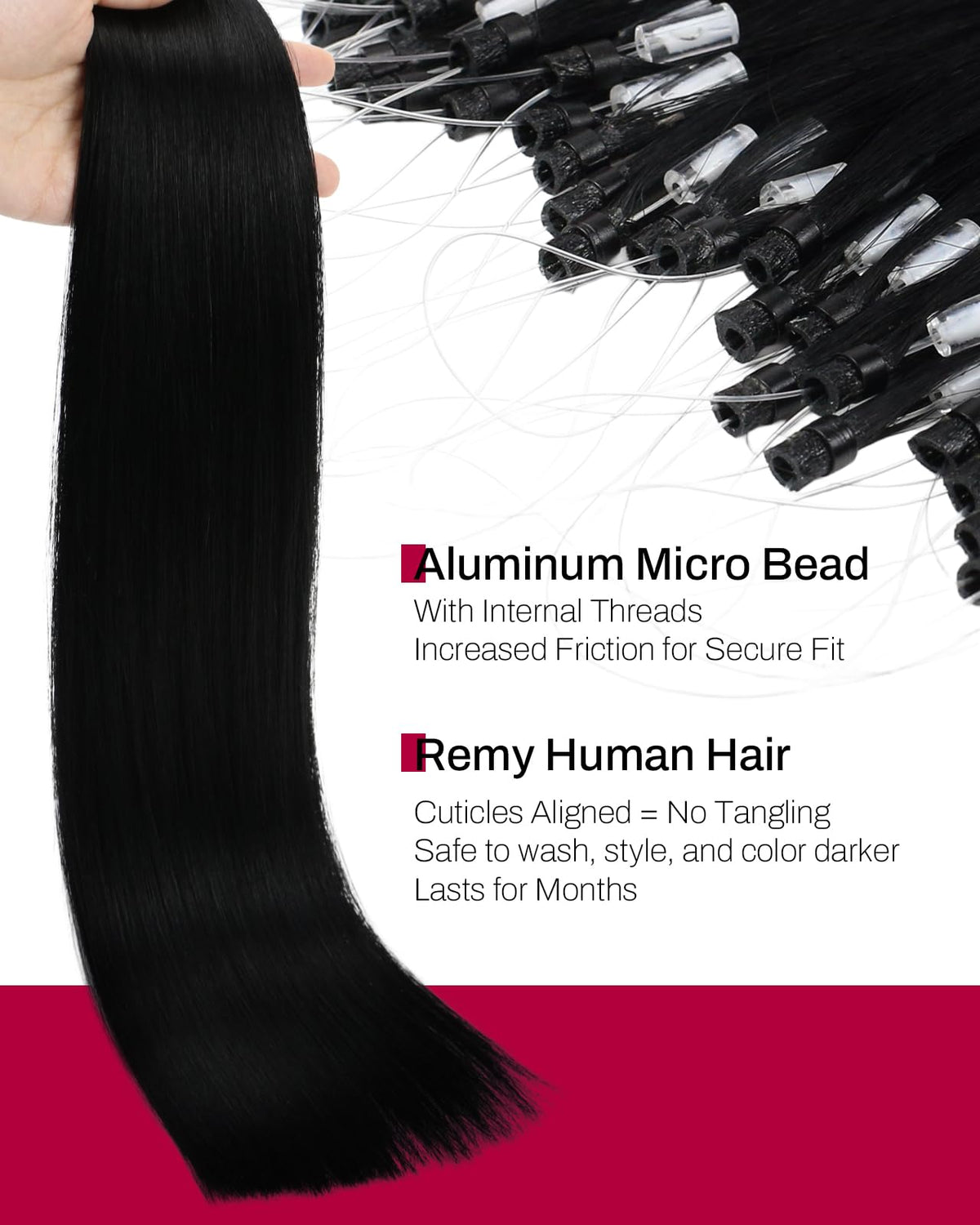 Moresoo 22 Inch Microlink Hair Extensions Jet Black back view