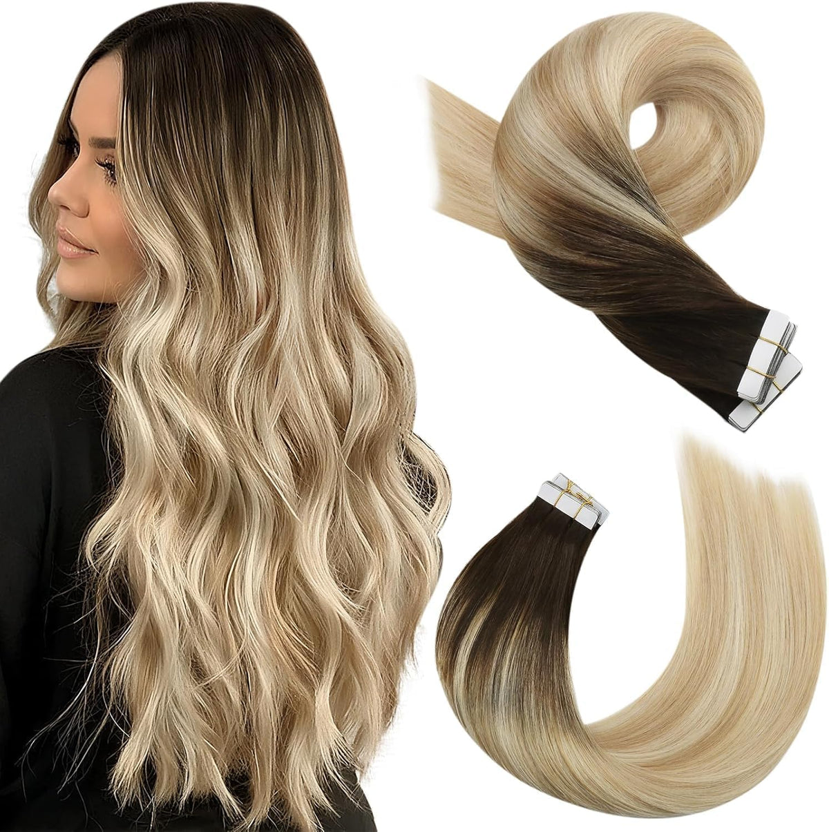 Moresoo 24 Inch Brown Blonde Tape-In Hair Extensions front view
