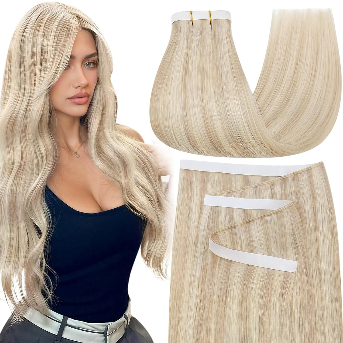 Moresoo Ash Blonde Tape In Weft Extensions front view
