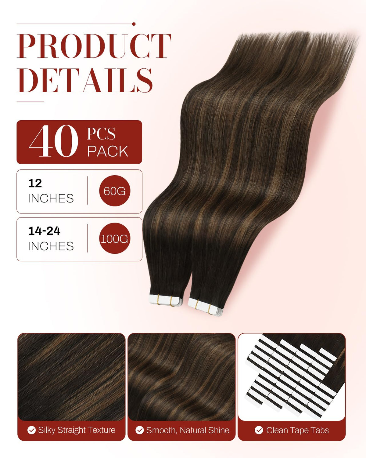 Moresoo Brown Balayage Human Hair Extensions 18in close-up of texture