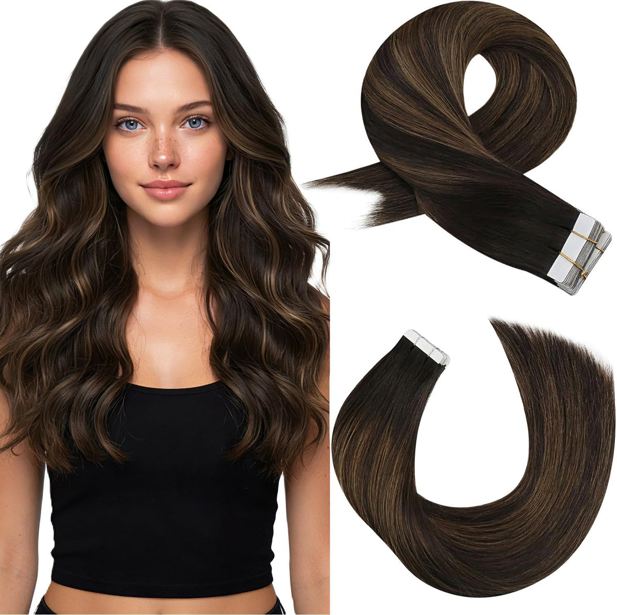 Moresoo Brown Balayage Tape in Extensions 14in front view