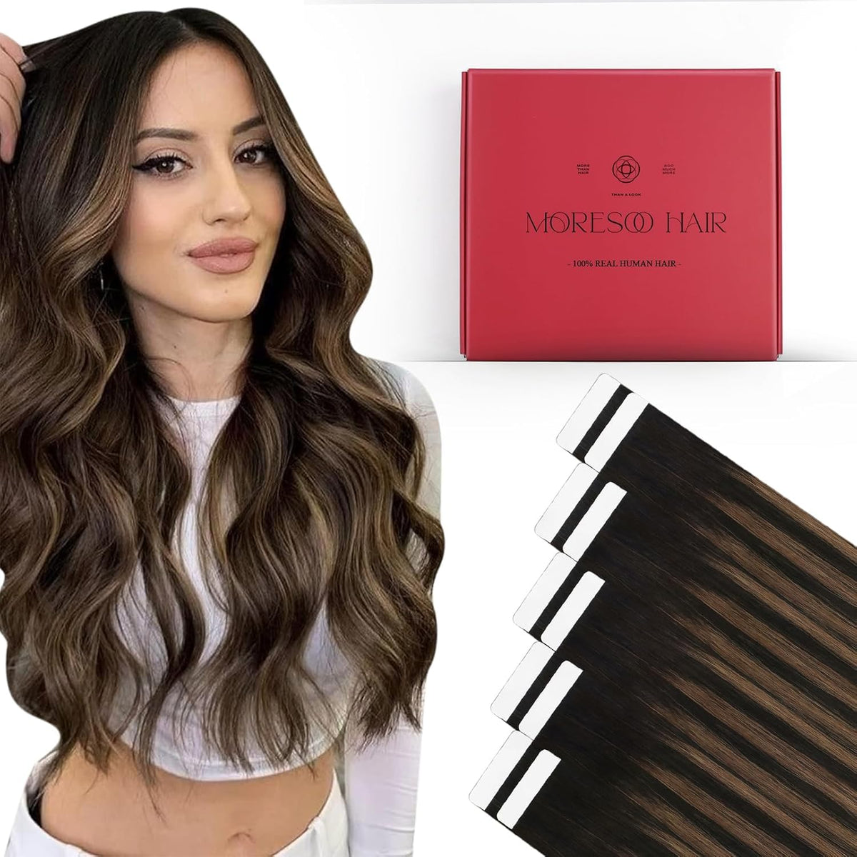 Moresoo Brown Balayage Tape-In Hair Extensions packaging front view