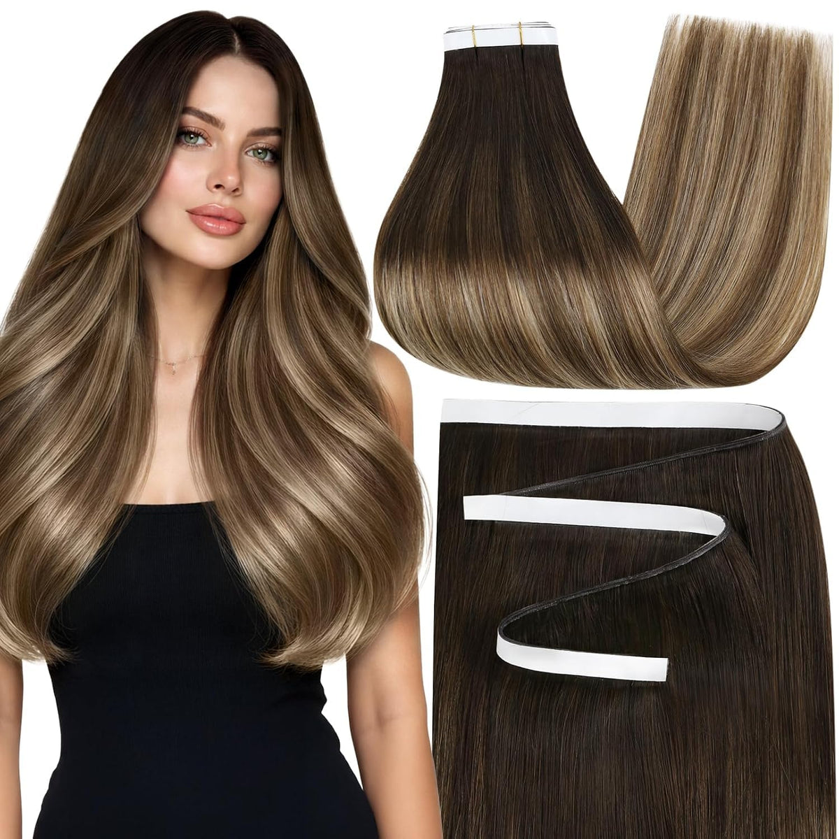 Moresoo Brown Blonde Weft Tape Hair Extensions 22 Inch front view