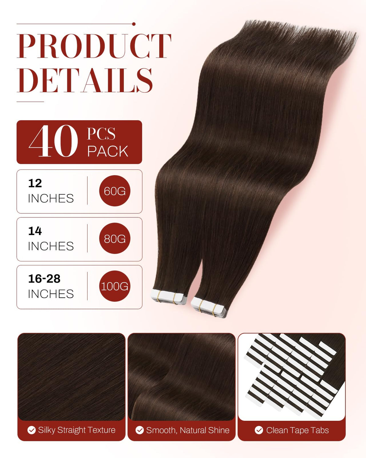 Moresoo Dark Brown Tape-In Extensions close-up of weft