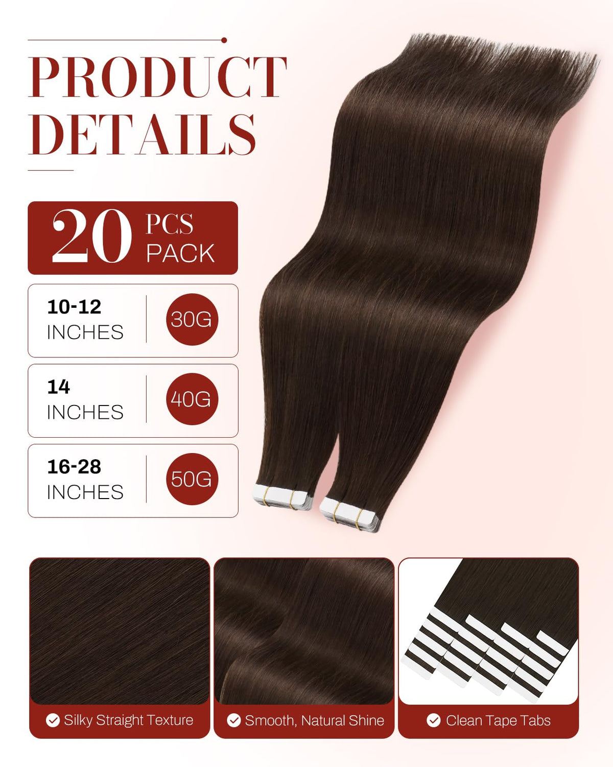 Moresoo Dark Brown Tape-In Hair Extensions close-up of tape
