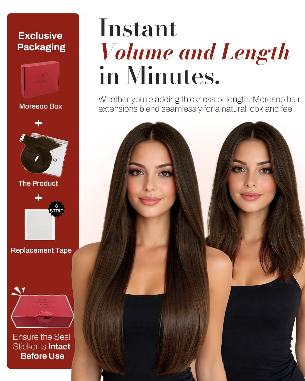 Moresoo Dark Brown Tape-In Hair Extensions in natural light