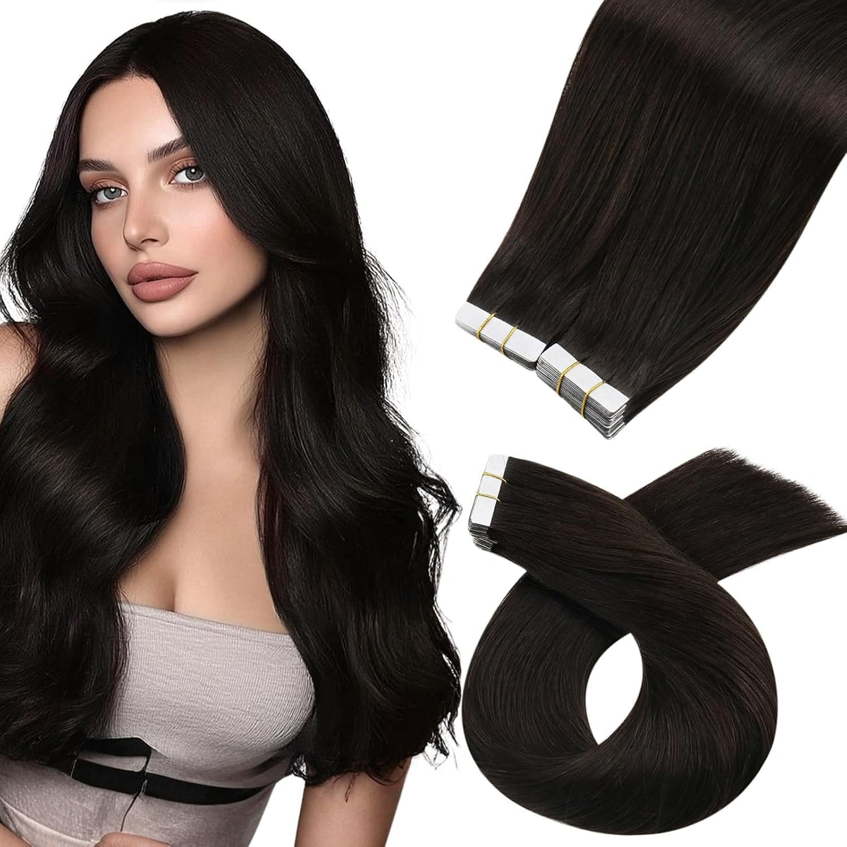 Moresoo Darkest Brown Tape-In Extensions 28in front view