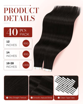 Moresoo Darkest Brown Tape-In Hair Extensions 18in displayed on a mannequin
