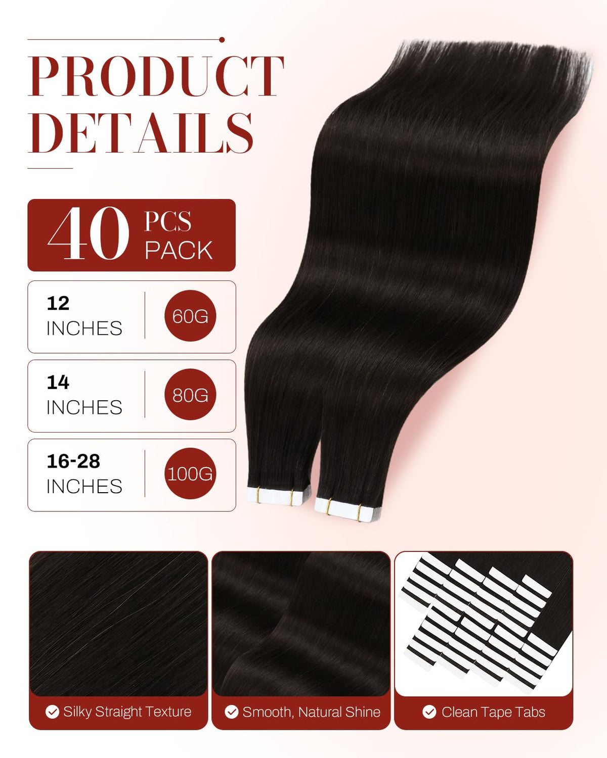 Moresoo Darkest Brown Tape-In Hair Extensions close-up of tape