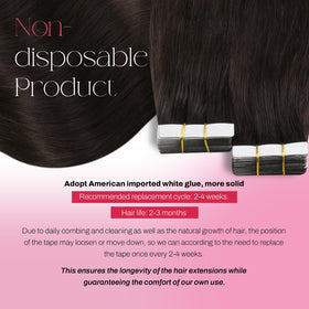 Moresoo Darkest Brown Tape in Human Hair Extensions 26 Inch close-up of tape