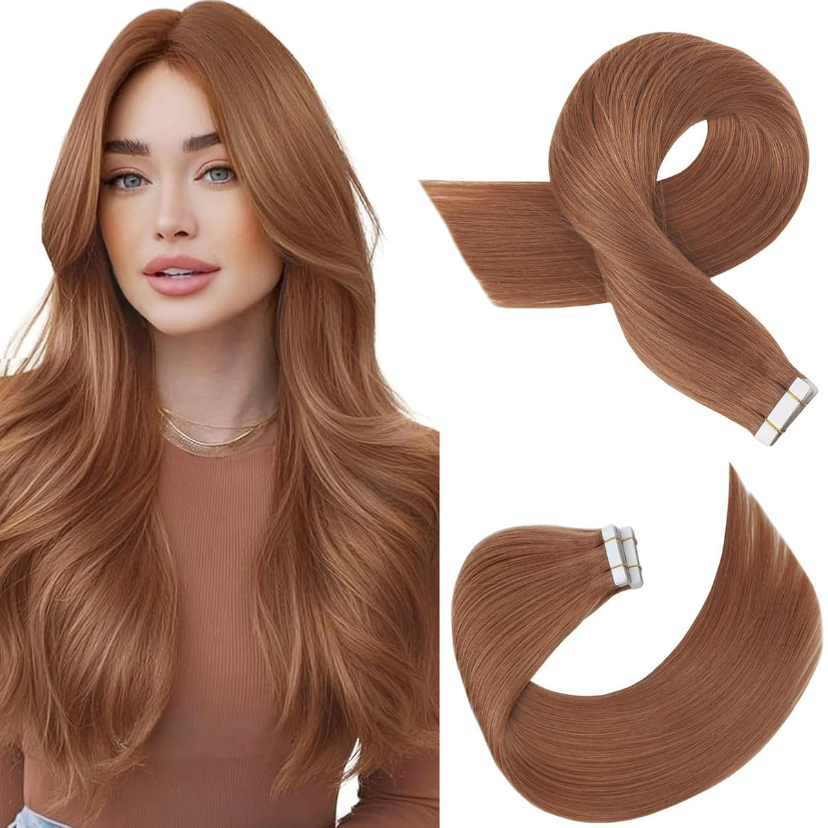 Moresoo Human Hair Tape-In Extensions Copper Brown front view